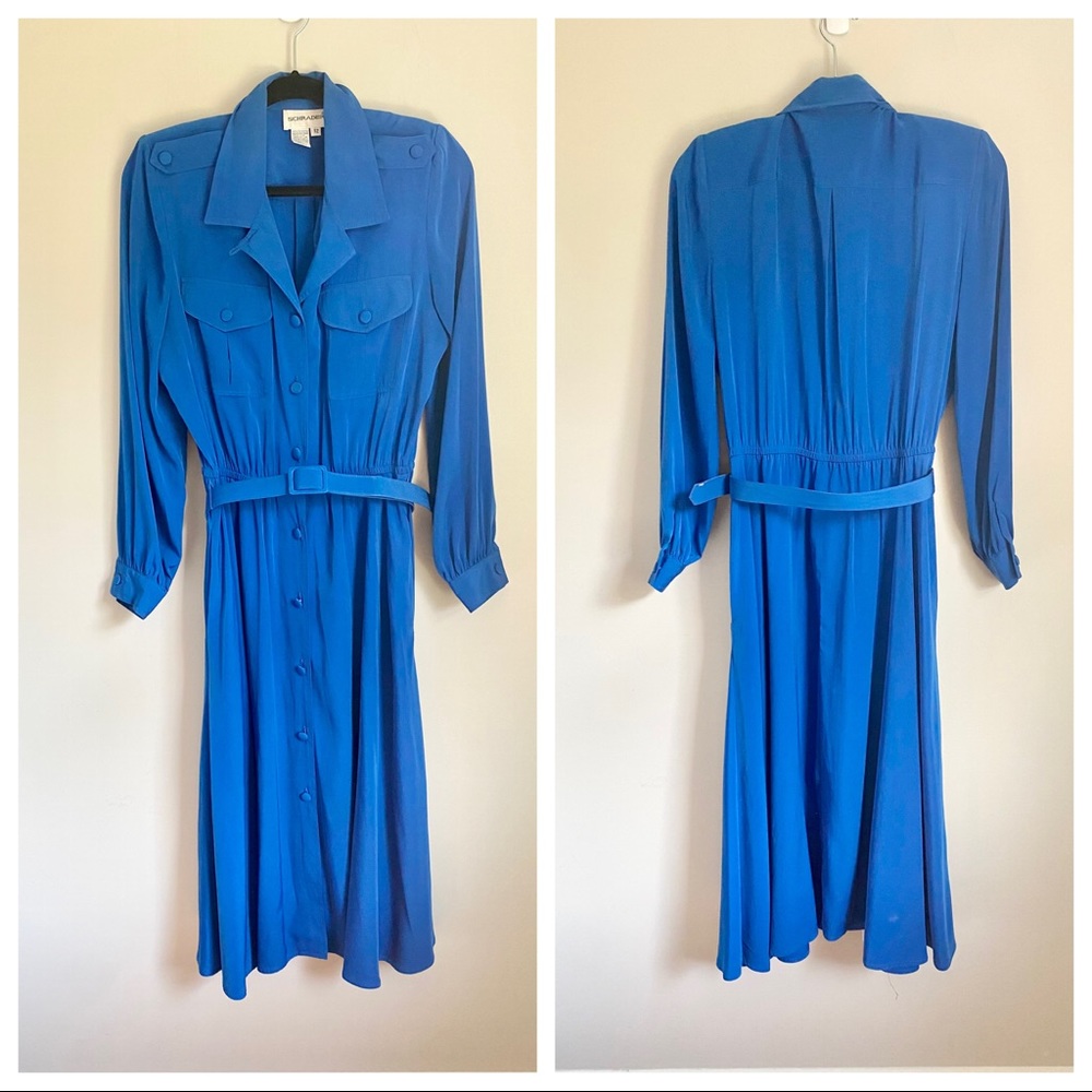*VINTAGE* 80s Schrader Blue Button Down Belted Longsleeve Midi Dress